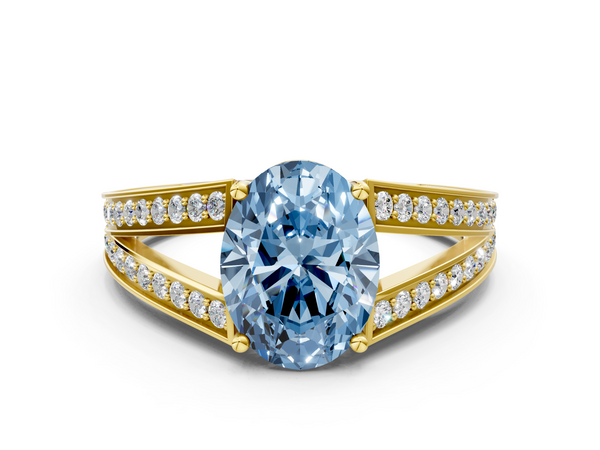 Yellow Gold Oval Pave Split Shank Engagement Ring Setting for Fancy Blue Center with Engraved Sides