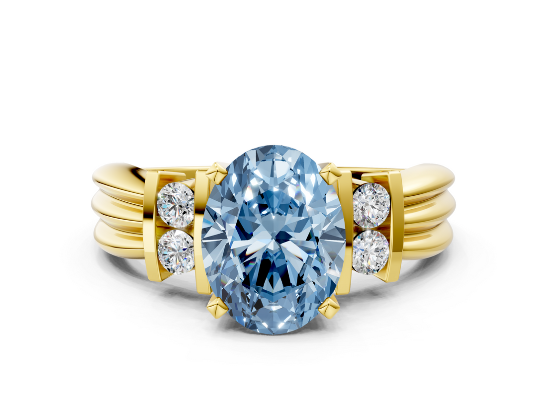 Yellow gold Fancy Blue Oval  Cut Three-Stone Channel Set Ring with Bar Prongs_42