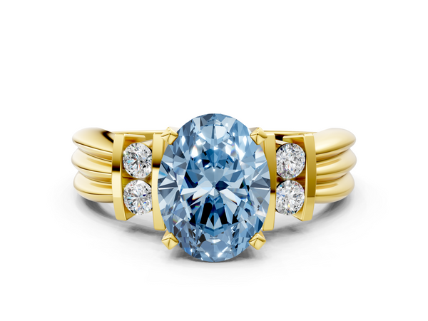 Yellow gold Fancy Blue Oval  Cut Three-Stone Channel Set Ring with Bar Prongs