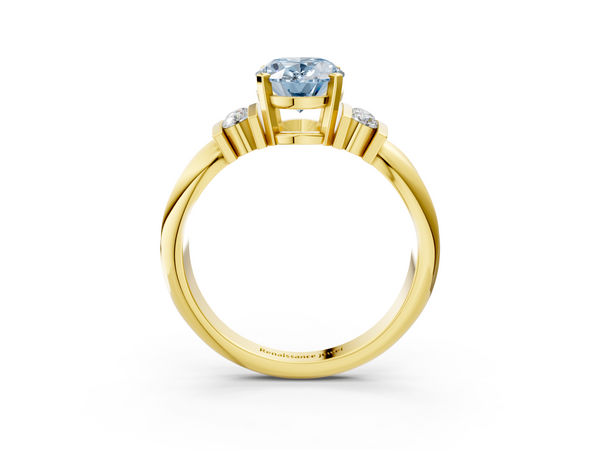 Yellow gold Fancy Blue Oval  Cut Three-Stone Channel Set Ring with Bar Prongs
