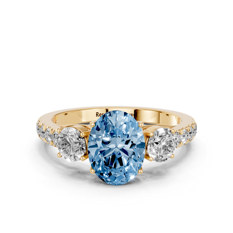 Yellow gold Fancy Blue Oval  Cut Three-Stone Diamond Pave Band with Prong Setting_11