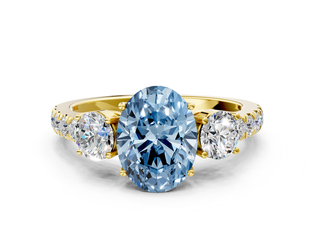 Yellow gold Fancy Blue Oval  Cut Three-Stone Diamond Pave Band with Prong Setting_36