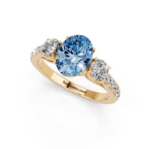 Yellow gold Fancy Blue Oval  Cut Three-Stone Diamond Pave Band with Prong Setting_3