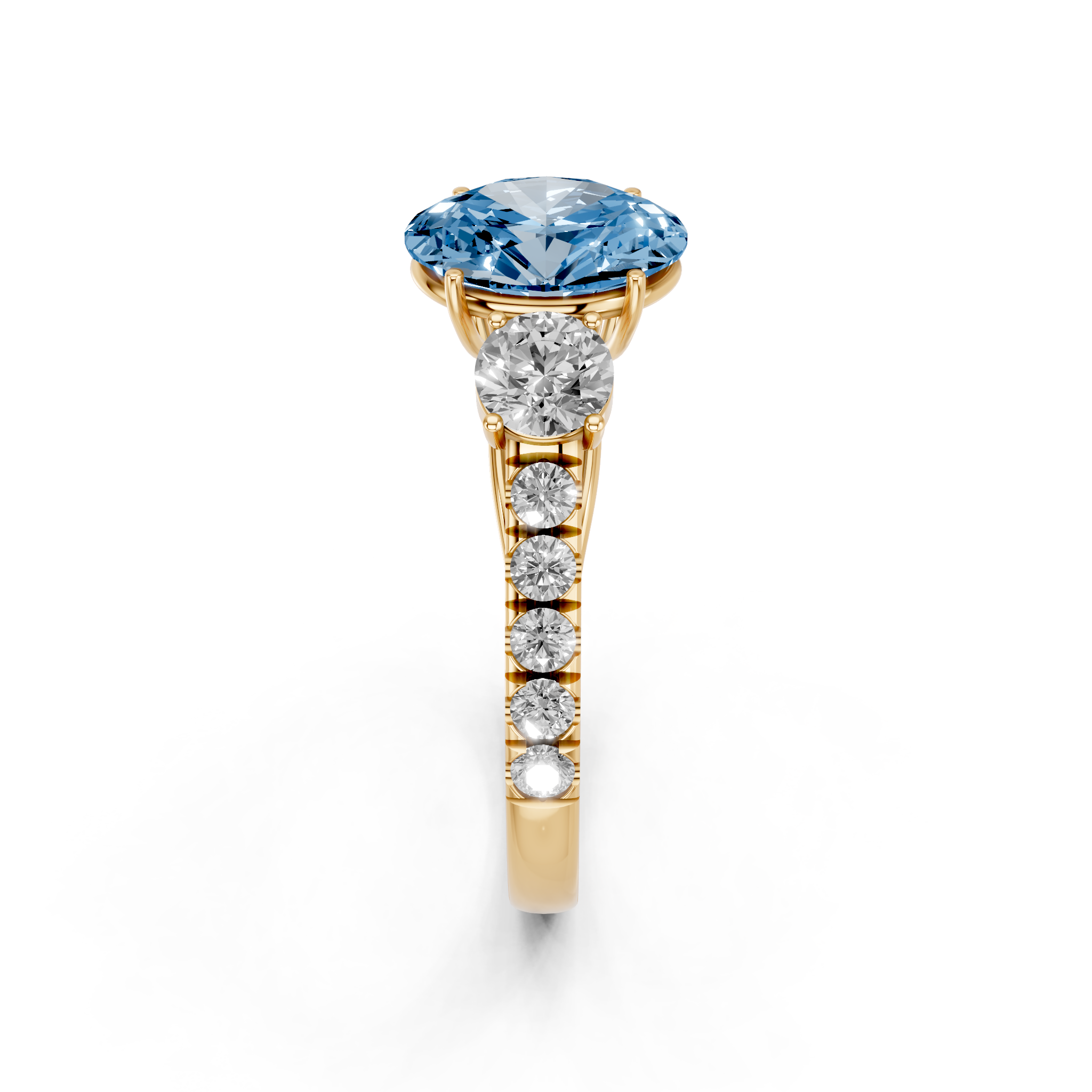 Yellow gold Fancy Blue Oval  Cut Three-Stone Diamond Pave Band with Prong Setting_4