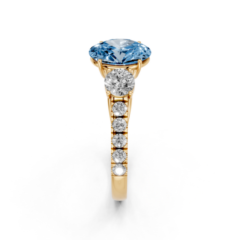 Yellow gold Fancy Blue Oval  Cut Three-Stone Diamond Pave Band with Prong Setting_4