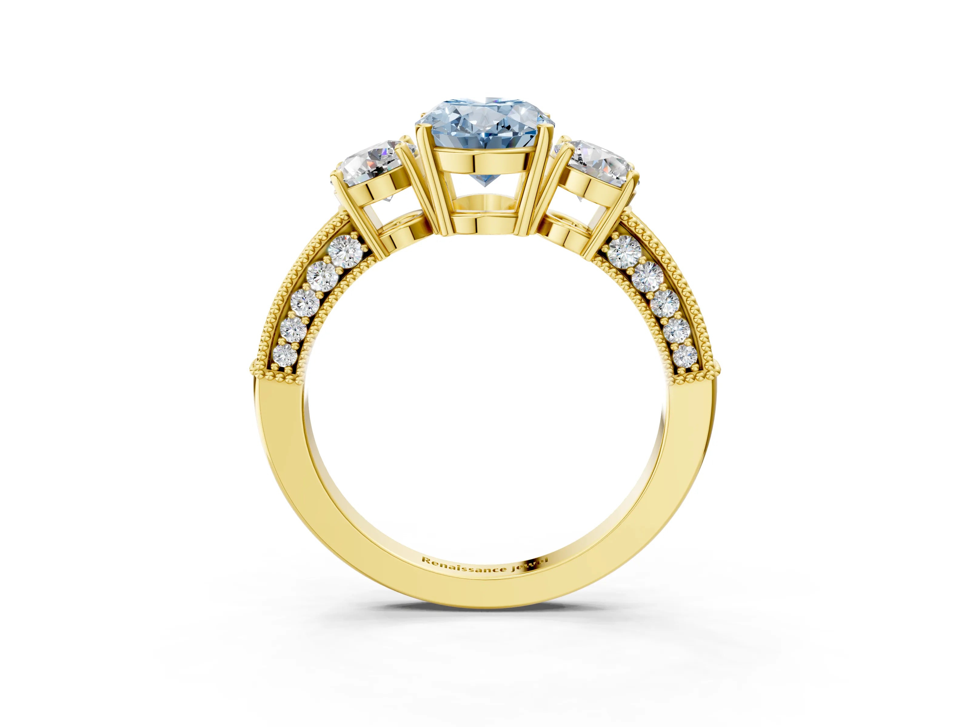 Yellow gold Fancy Blue Oval Cut Three-Stone Diamond Ring with Pavé Band and Four-Prong Setting_3