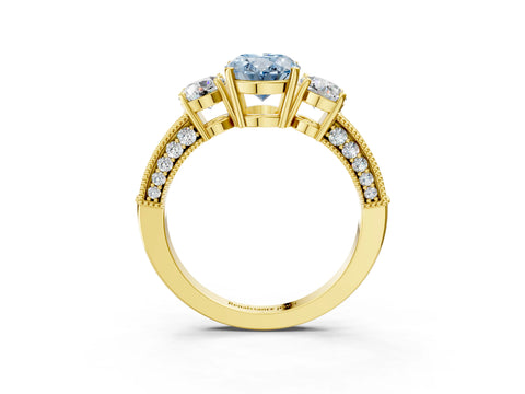 Yellow gold Fancy Blue Oval Cut Three-Stone Diamond Ring with Pavé Band and Four-Prong Setting_3