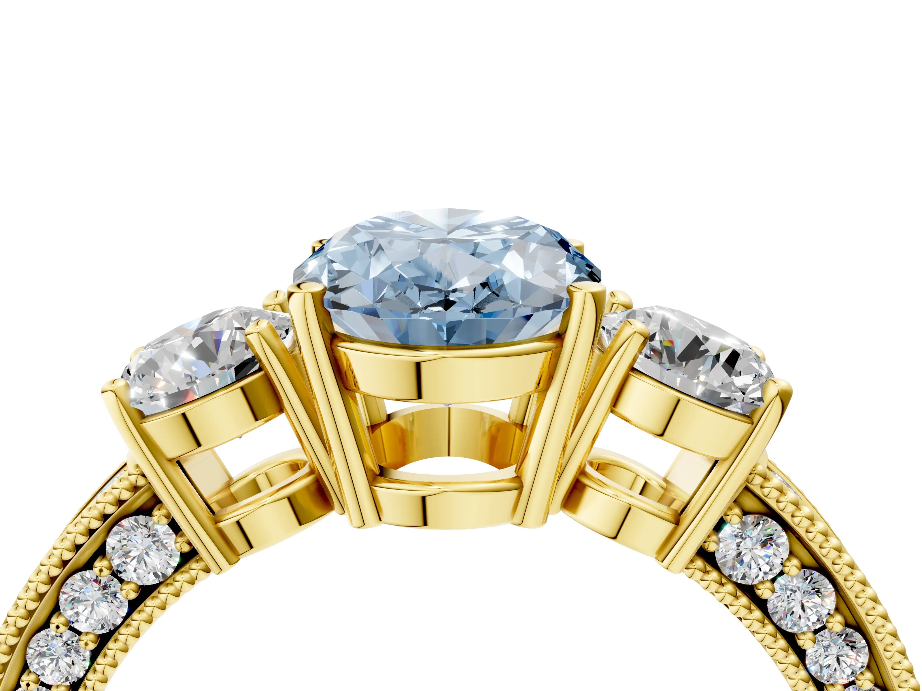 Yellow gold Fancy Blue Oval Cut Three-Stone Diamond Ring with Pavé Band and Four-Prong Setting_4