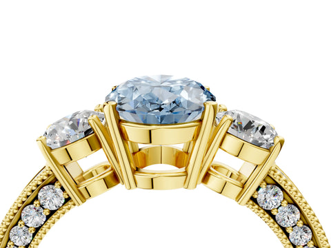 Yellow gold Fancy Blue Oval Cut Three-Stone Diamond Ring with Pavé Band and Four-Prong Setting_4