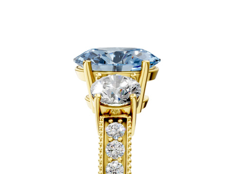 Yellow gold Fancy Blue Oval Cut Three-Stone Diamond Ring with Pavé Band and Four-Prong Setting_5