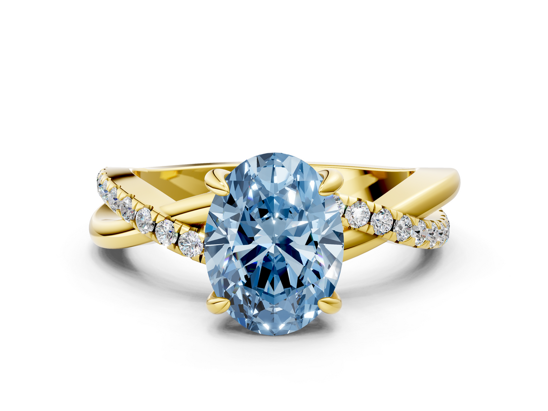Yellow gold Fancy Blue Oval  Cut Twist Band Solitaire Diamond Ring with Pavé Setting_3
