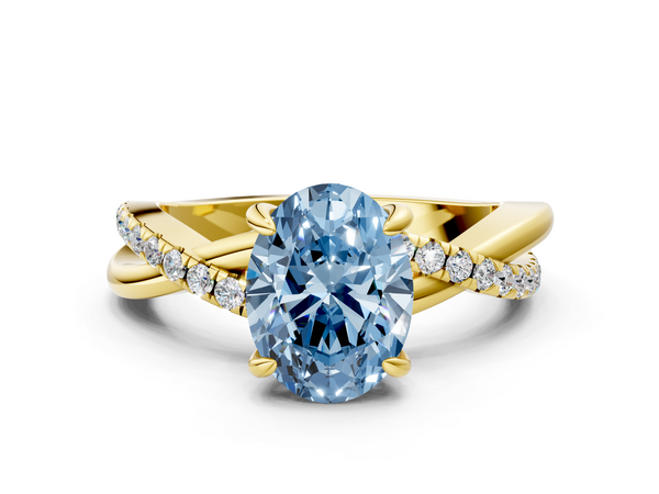 Yellow gold Fancy Blue Oval  Cut Twist Band Solitaire Diamond Ring with Pavé Setting