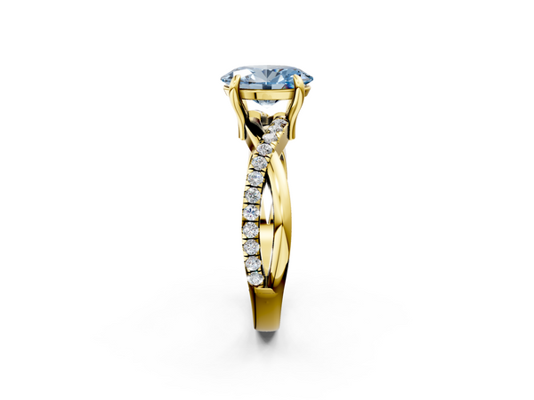 Yellow gold Fancy Blue Oval  Cut Twist Band Solitaire Diamond Ring with Pavé Setting