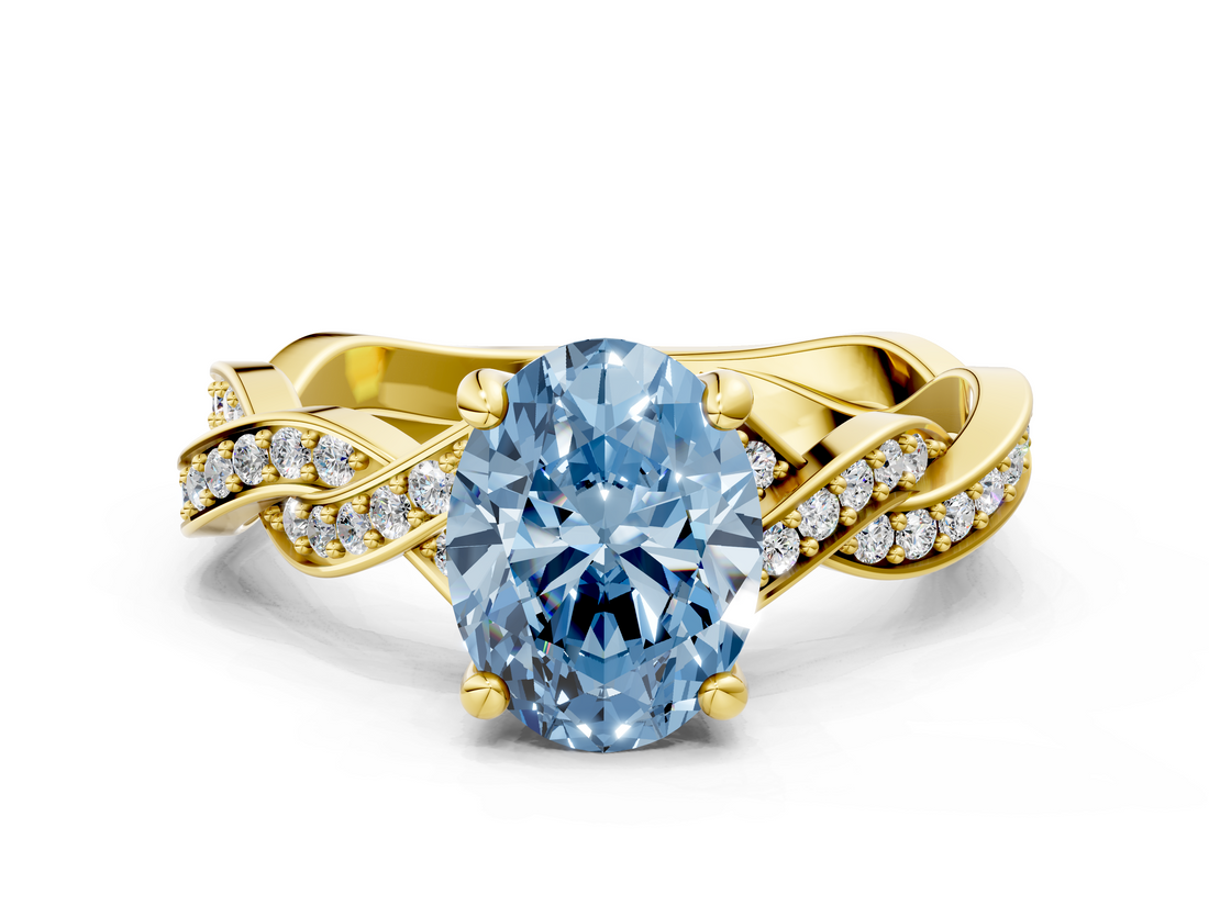 Yellow gold Fancy Blue Oval  Cut Twisted Pavé Band Solitaire Ring with Four-Prong Setting_55