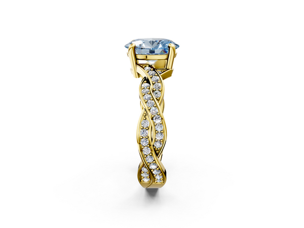 Yellow gold Fancy Blue Oval  Cut Twisted Pavé Band Solitaire Ring with Four-Prong Setting