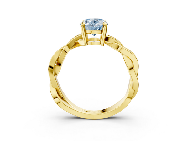 Yellow gold Fancy Blue Oval  Cut Twisted Pavé Band Solitaire Ring with Four-Prong Setting