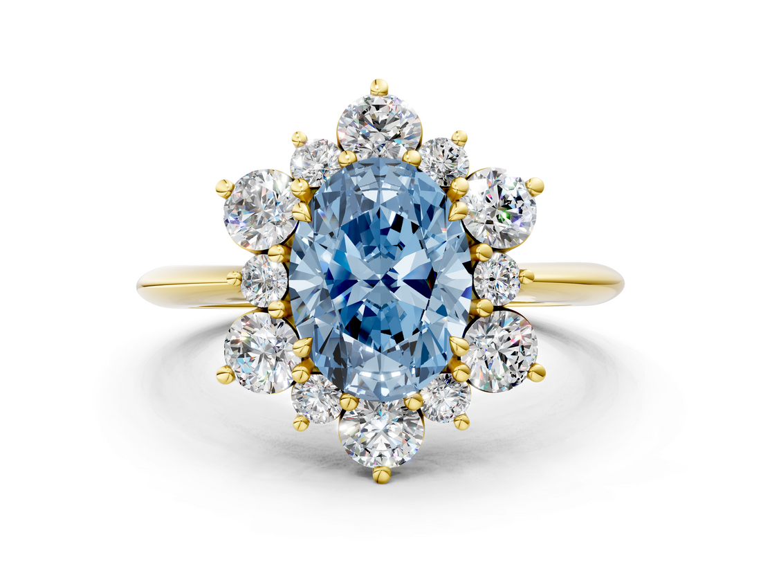 Yellow gold Fancy Blue Oval  Diamond Cluster Halo Ring with Solitaire Band and Four-Prong Setting_20