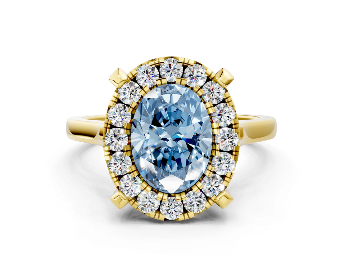 Yellow gold Fancy Blue Oval  Diamond Cluster Halo Solitaire with Four-Prong Setting_77