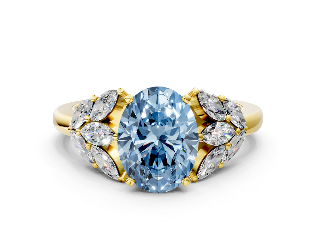 Yellow gold Fancy Blue Oval  Diamond Cluster Leaf Design Ring with Prong Setting_54