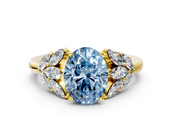 Yellow Gold Oval Cluster Leaf Engagement Ring Setting for Fancy Blue Center with Marquise Accents