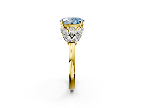 Yellow Gold Oval Cluster Leaf Engagement Ring Setting for Fancy Blue Center with Marquise Accents