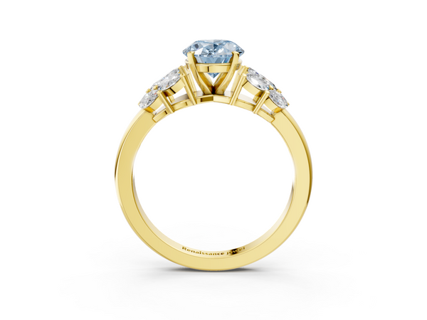 Yellow Gold Oval Cluster Leaf Engagement Ring Setting for Fancy Blue Center with Marquise Accents