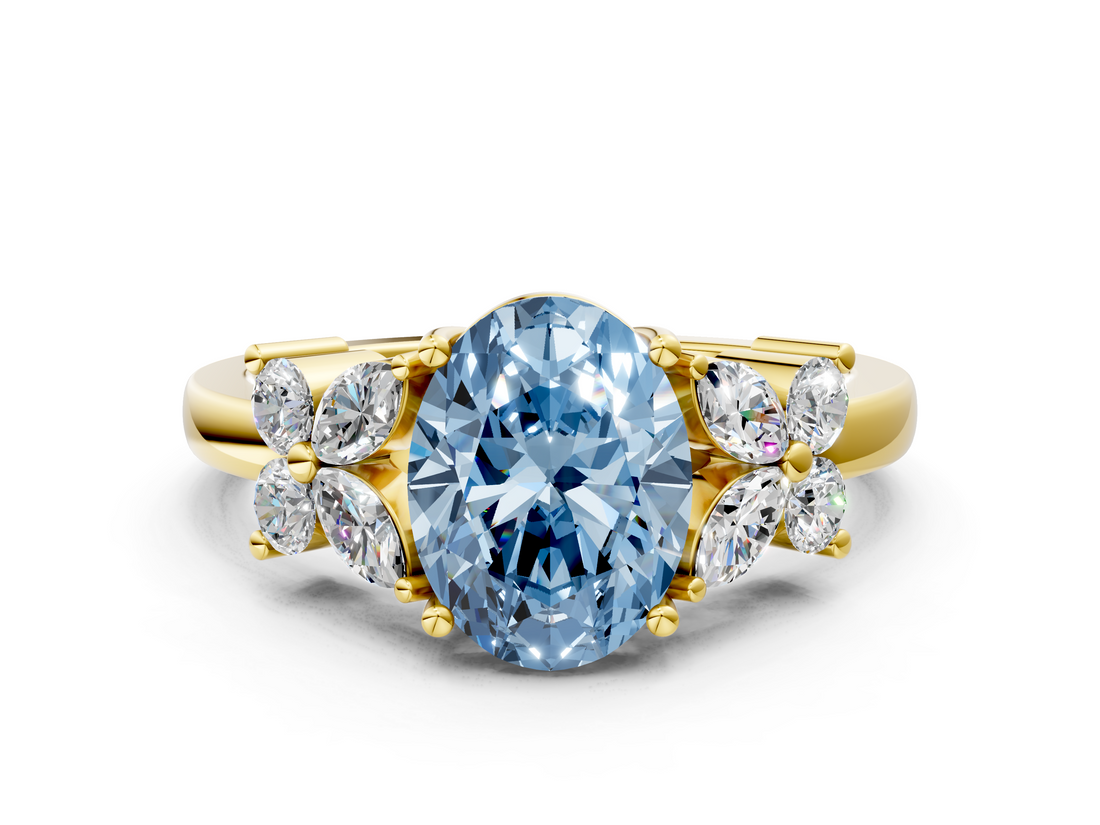 Yellow gold Fancy Blue Oval  Diamond Floral Cluster Ring with Solitaire Band and Prong Setting_42