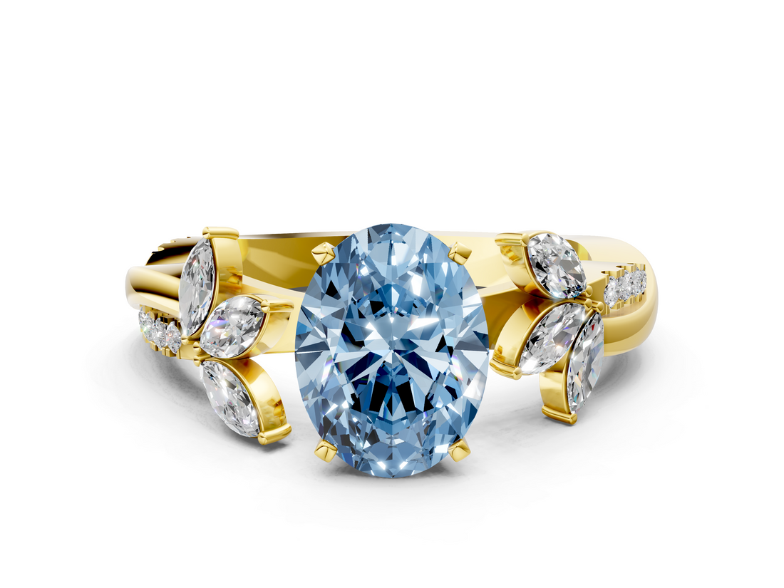 Yellow gold Fancy Blue Oval  Diamond Floral Vine Solitaire Engagement Ring_3