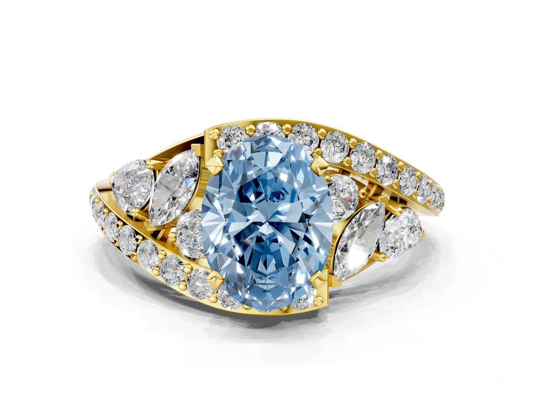 Yellow gold Fancy Blue Oval  Diamond Halo Ring with Marquise and Pavé Band in Prong Setting_72