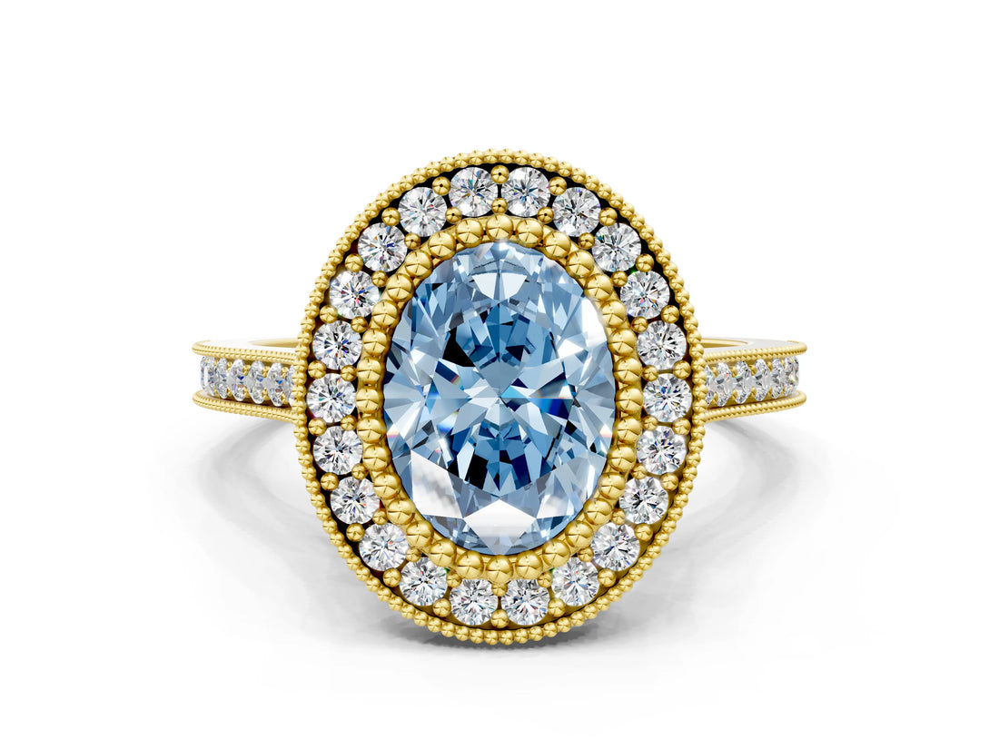 Yellow gold Fancy Blue Oval  Diamond Halo Ring with Milgrain Frame and Pavé Band_60