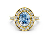 Yellow gold Fancy Blue Oval  Diamond Halo Ring with Milgrain Frame and Pavé Band_60