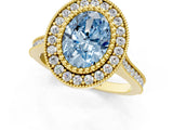 Yellow gold Fancy Blue Oval  Diamond Halo Ring with Milgrain Frame and Pavé Band_61