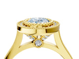 Yellow gold Fancy Blue Oval  Diamond Halo Ring with Milgrain Frame and Pavé Band_64
