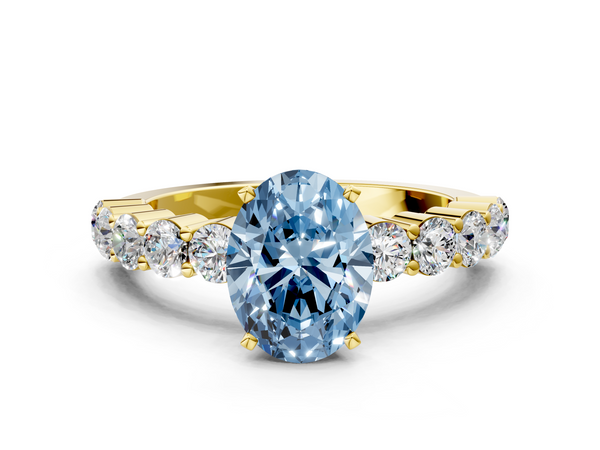 Yellow gold Fancy Blue Oval  Diamond Solitaire Ring with Shared Prong Round Side Stones