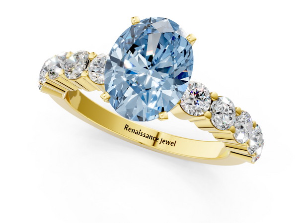 Yellow gold Fancy Blue Oval  Diamond Solitaire Ring with Shared Prong Round Side Stones