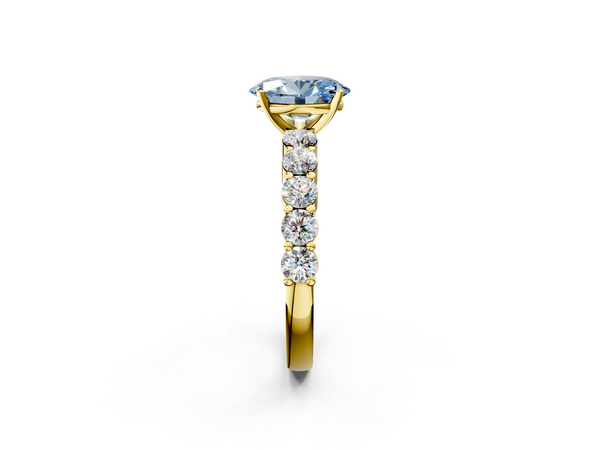 Yellow gold Fancy Blue Oval  Diamond Solitaire Ring with Shared Prong Round Side Stones