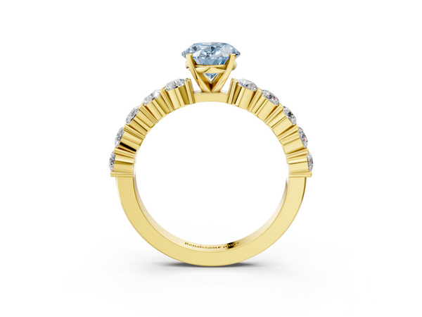Yellow gold Fancy Blue Oval  Diamond Solitaire Ring with Shared Prong Round Side Stones