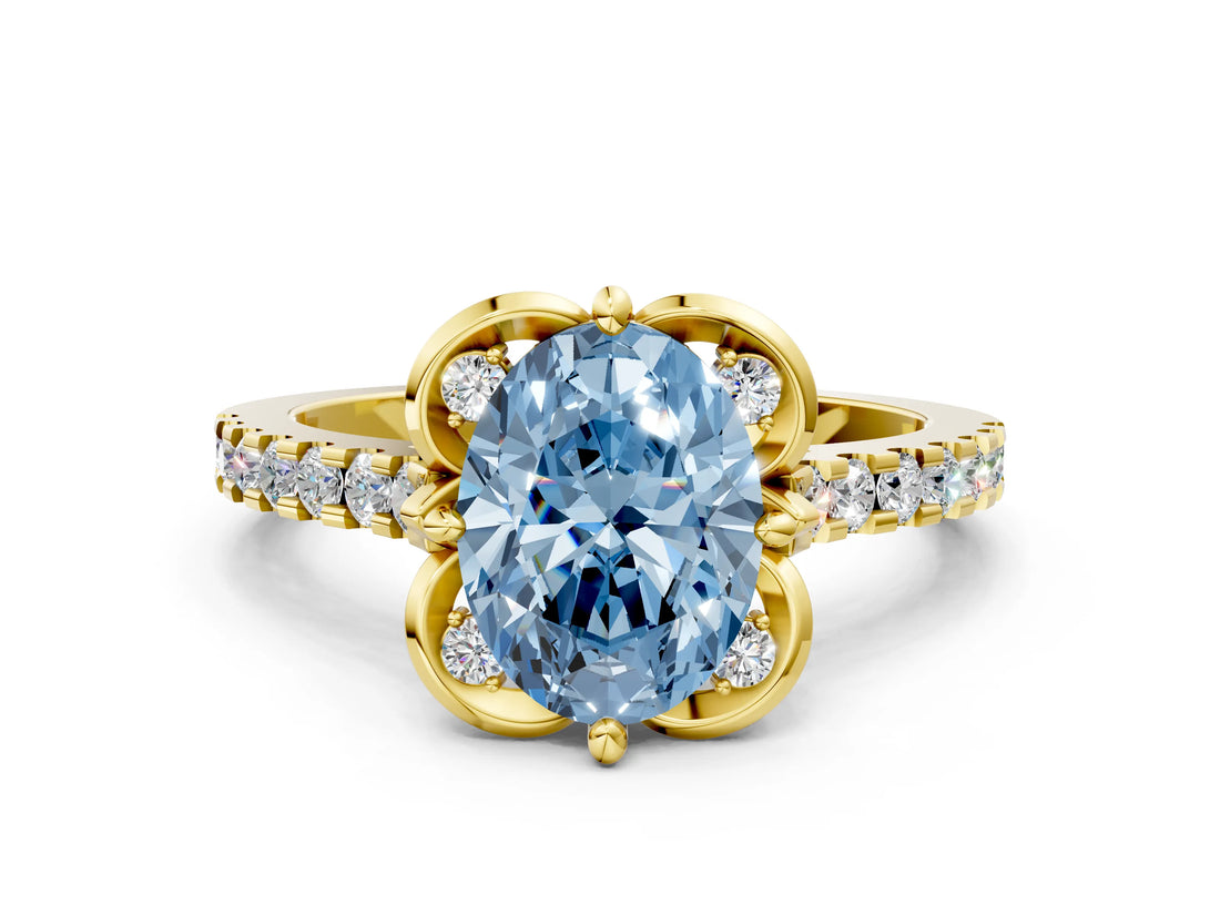 Yellow gold Fancy Blue Oval  Diamond Pave Band with Floral Prong Setting_27