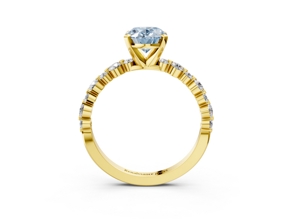 Yellow gold Fancy Blue Oval Cut Diamond Prong Set Engagement Ring with Pavé Band