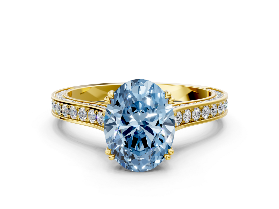 Yellow gold Fancy Blue Oval  Diamond Solitaire with Pave Band and Six-Prong Setting_20