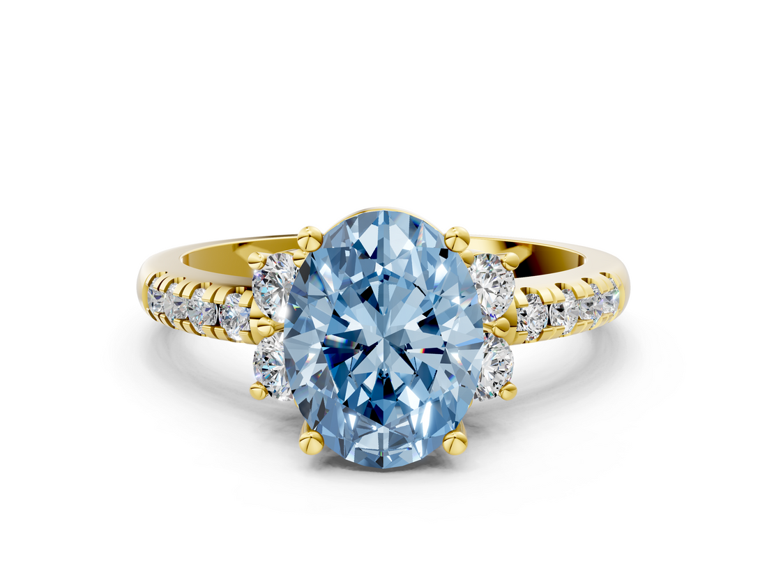 Yellow gold Fancy Blue Oval  Diamond Three-Stone Pave Band with Four-Prong Setting_20