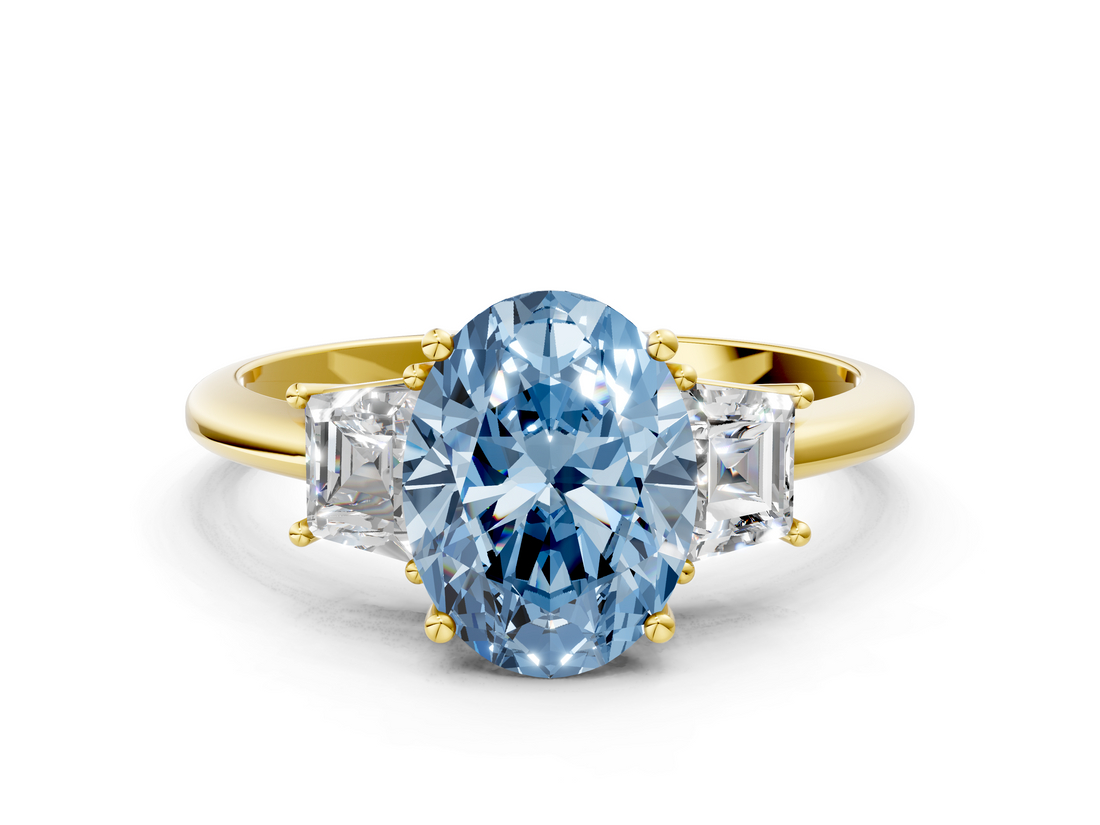 Yellow gold Fancy Blue Oval  Diamond Three-Stone Ring with Trapezoid Side Stones and Prong Setting_17