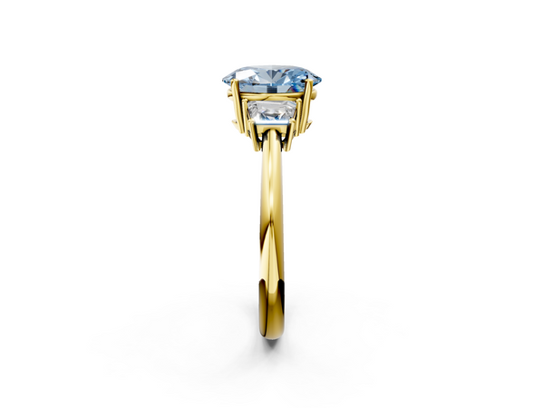 Yellow Gold Oval Three Stone Engagement Ring Setting for Fancy Blue Center with Trapezoid Side Stones and Prong Head