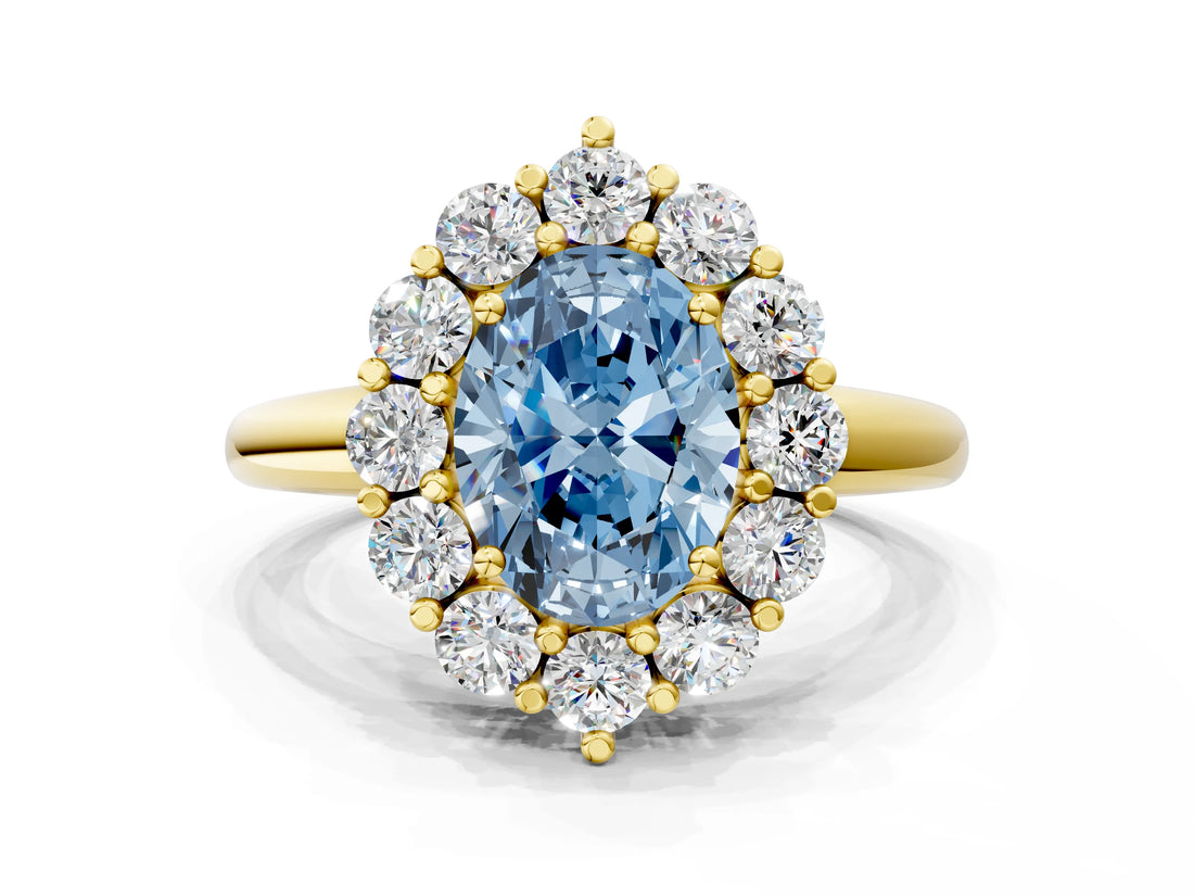 Yellow gold Fancy Blue Oval  Halo Cluster Diamond Engagement Ring with Prong Setting and Polished Band_99