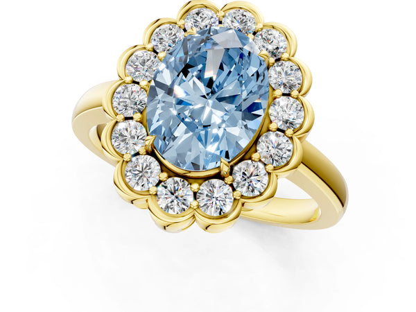 Yellow gold Fancy Blue Oval  Halo Cluster Diamond Engagement Ring with Solitaire Band and Prong Setting