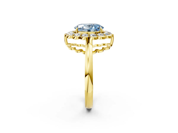 Yellow gold Fancy Blue Oval  Halo Cluster Diamond Engagement Ring with Solitaire Band and Prong Setting