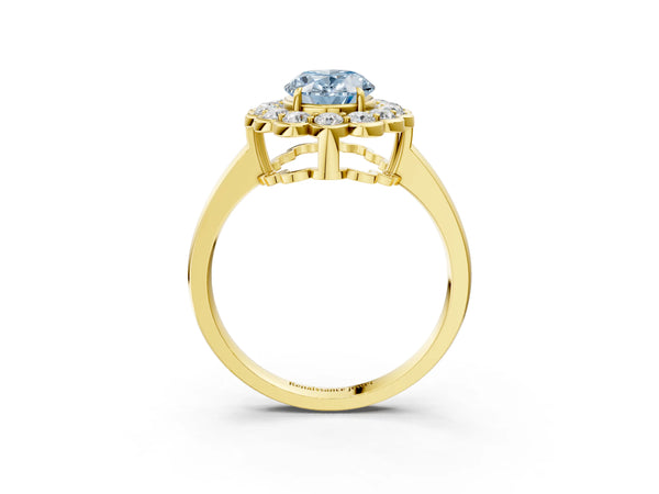 Yellow gold Fancy Blue Oval  Halo Cluster Diamond Engagement Ring with Solitaire Band and Prong Setting