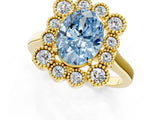 Yellow gold Fancy Blue Oval  Halo Diamond Cluster Engagement Ring with Milgrain Bezel Setting and Solitaire Band_76