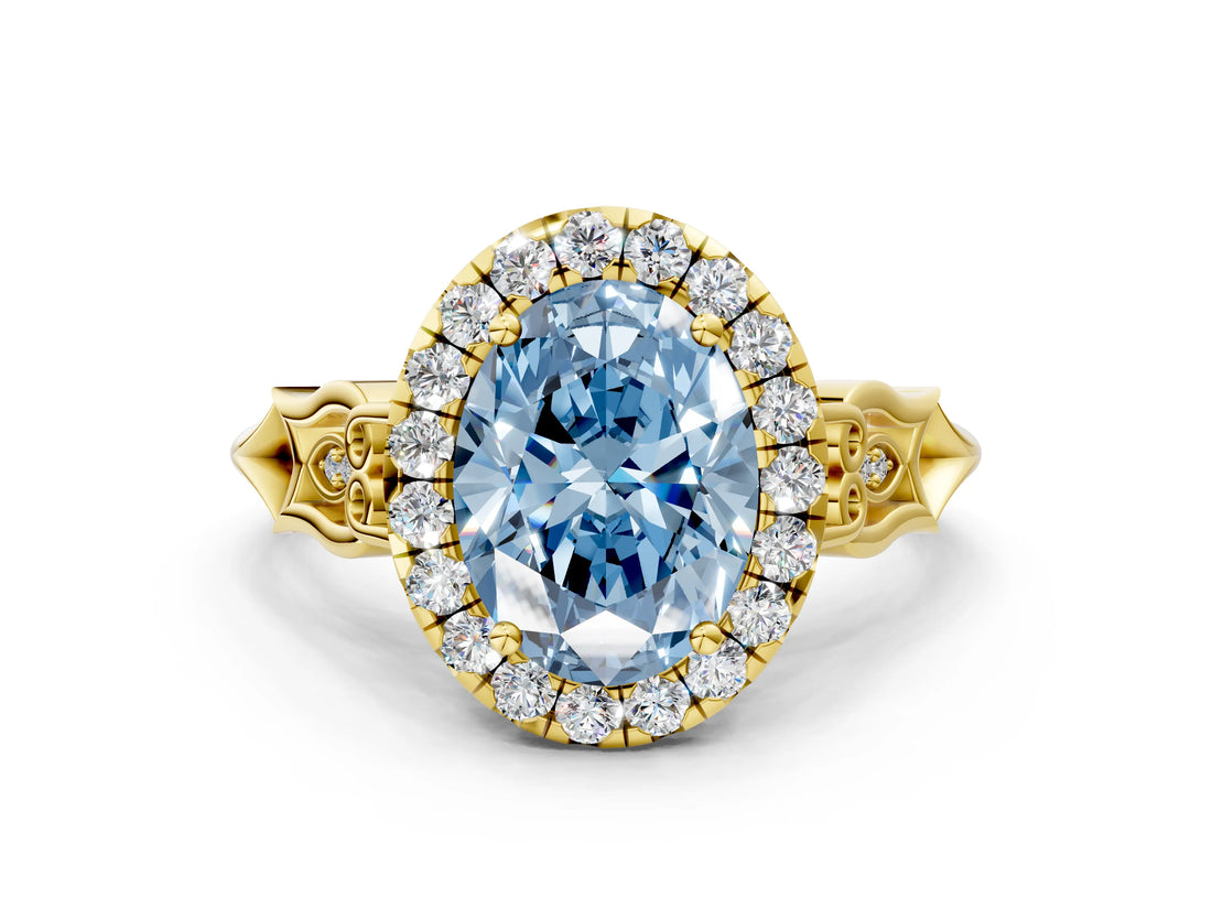 Yellow gold Fancy Blue Oval  Halo Diamond Engagement Ring with Filigree Band and Four-Prong Setting_81