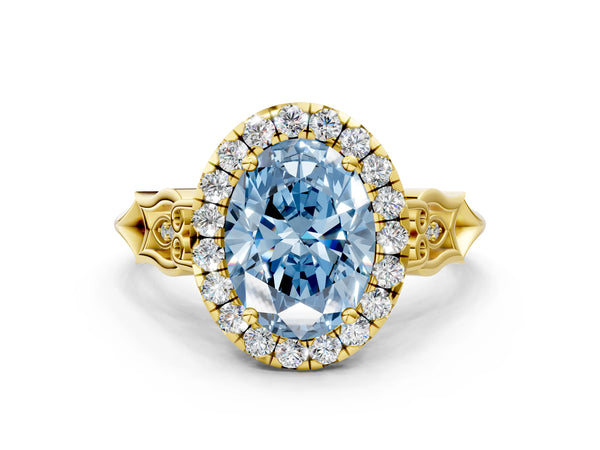 Yellow gold Fancy Blue Oval  Halo Diamond Engagement Ring with Filigree Band and Four-Prong Setting